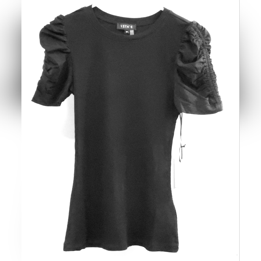 NWT    1. STATE black cotton ribbed puff sleeve t-shirt size XS